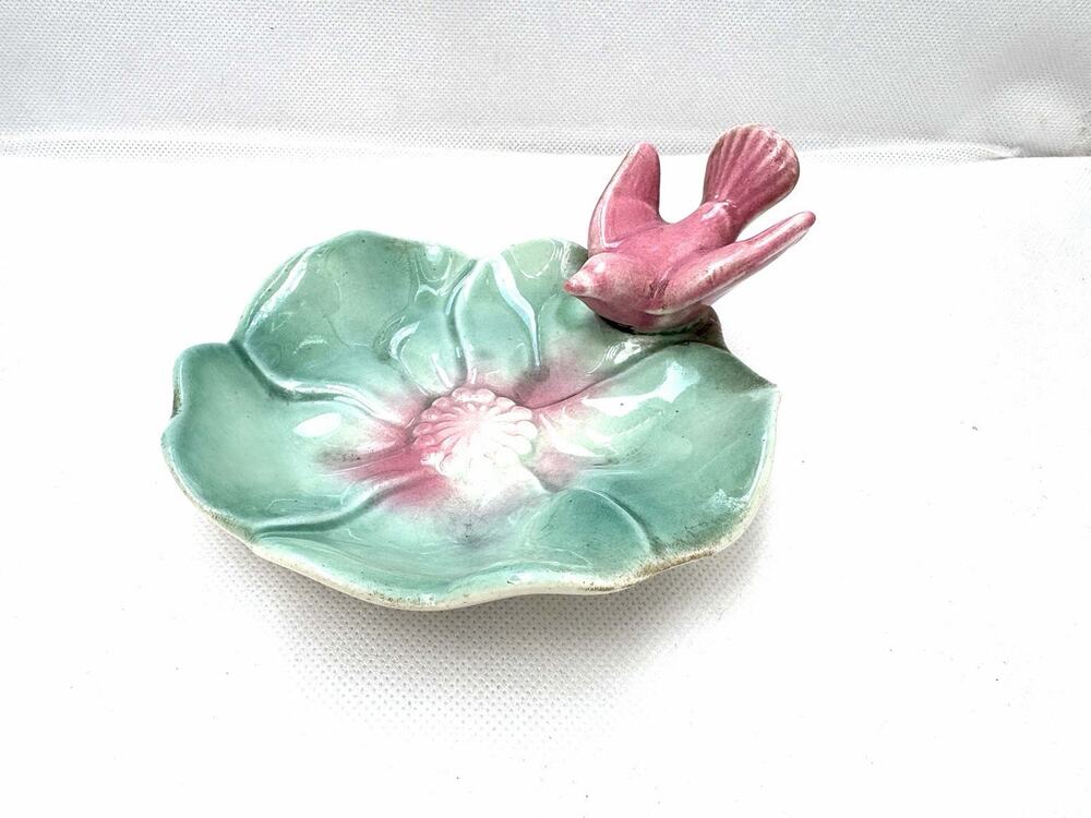 Vintage Royal Copley Bird Flower Trinket Dish Pink Green Mid Century Pottery Mcm